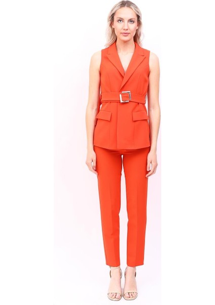 Kemerli Klasik Yelek & Boru Paça Pantolon Takım-Turuncu