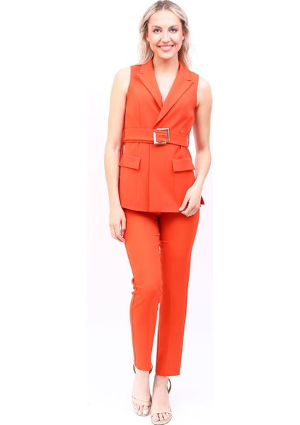 Kemerli Klasik Yelek & Boru Paça Pantolon Takım-Turuncu fiyatları