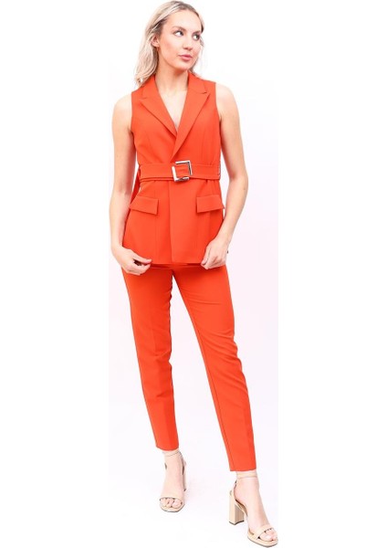 Kemerli Klasik Yelek & Boru Paça Pantolon Takım-Turuncu fırsatları