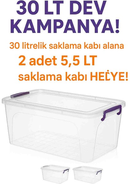🟣 Mega Saklama Kabı Seti 30 Lt + 2 Adet 5,5 Lt Hediye – Kilitli Şeffaf Organizer Kutular