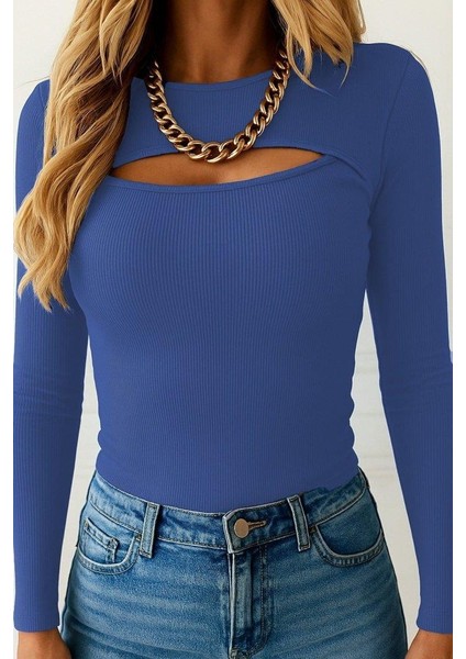 Kadın Uzun Kollu Pencere Detaylı Kaşkorse Bluz