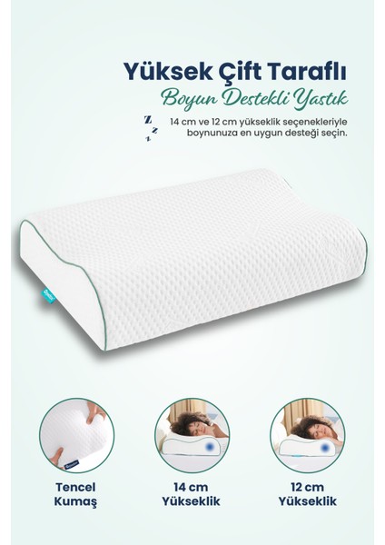 Yüksek Çift Boyun Destekli Ortopedik Visco Yastık 60X40X14-12CM