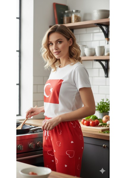 Kışlık Polar Kırmızı Kalp Desenli Pijama Tek Alt