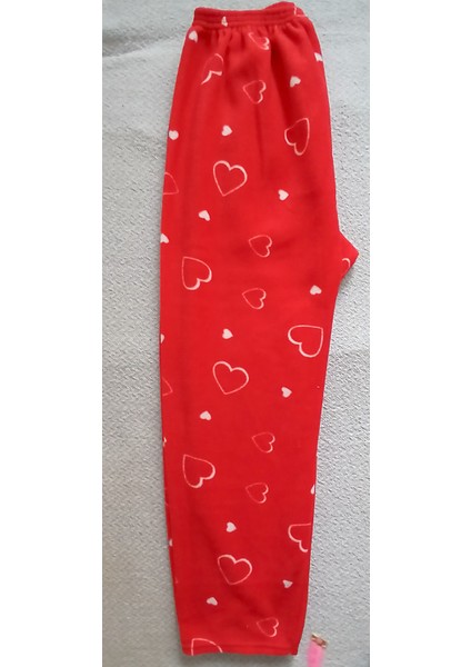 Kışlık Polar Kırmızı Kalp Desenli Pijama Tek Alt