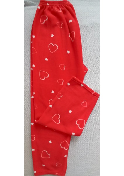 Kışlık Polar Kırmızı Kalp Desenli Pijama Tek Alt