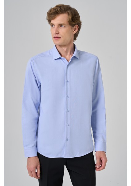 Erkek A. Mavi Slim Fit Italyan Yaka Gömlek