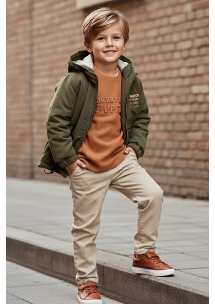 Fermuarlı Kapüşonlu Erkek Çocuk Kışlık 3’lü kombin -Kahve