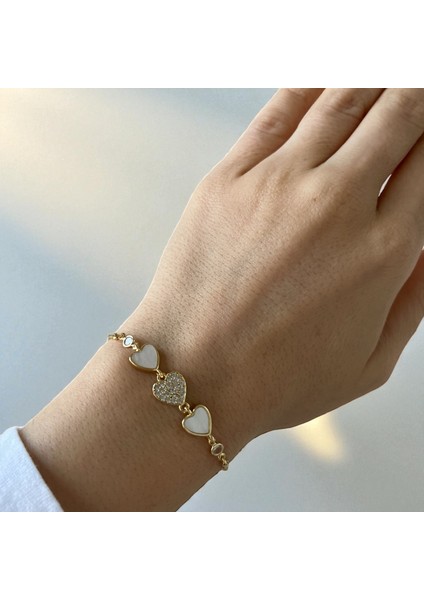Kadın Bileklik Lüks Kalpli Taşlı Şans Bilekliği Gold Bileklik Gold Renk Altın Rengi Sedef Taşlı Zirkon Detaylı Ayarlanabilir Bileklik Asansörlü Bileklik indirimleri
