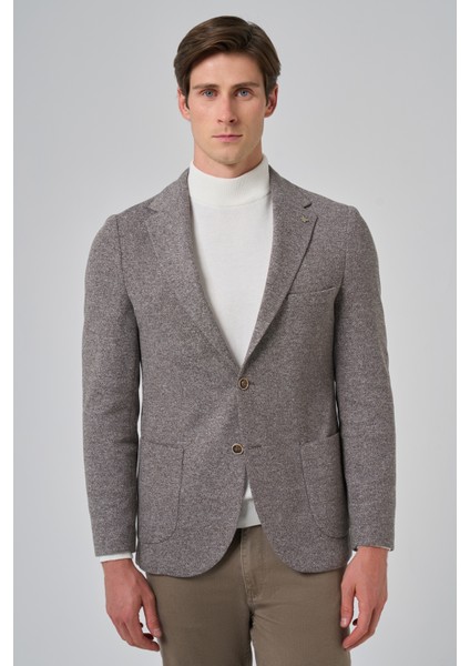 Erkek Kahve Örme Trend Desenli Slim Fit Mono Yaka Ceket