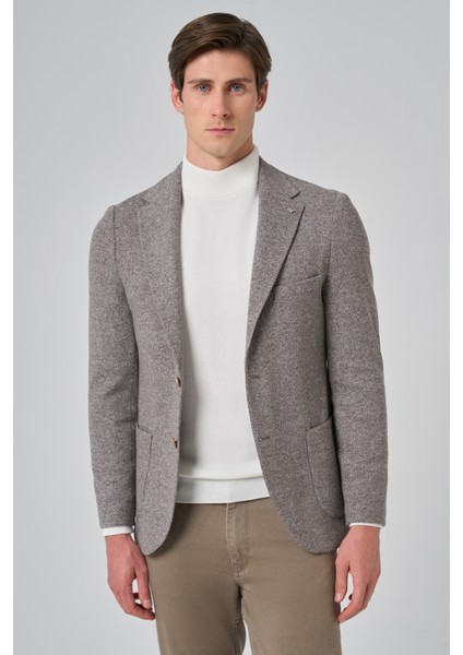 Erkek Kahve Örme Trend Desenli Slim Fit Mono Yaka Ceket modelleri