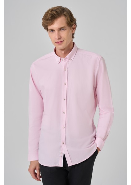 Erkek Pembe Regular Fit Düğmeli Yaka Gömlek