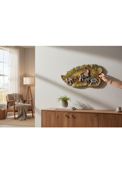 Lüks Işlemeli Yaprak Üzerinde Fil Ailesi Dekoratif Duvar Tablosu Ev Ofis Konsol Vitrin Süsü 35 cm A fiyatları