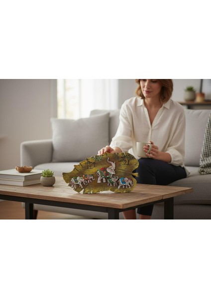 Lüks Işlemeli Yaprak Üzerinde Fil Ailesi Dekoratif Duvar Tablosu Ev Ofis Konsol Vitrin Süsü 35 cm A modelleri
