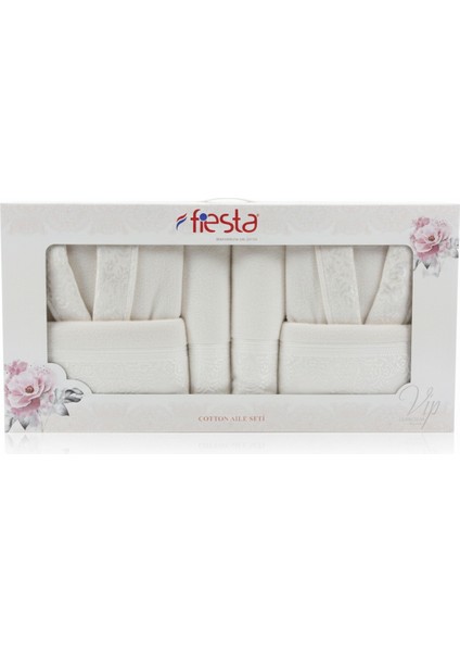 Vip Jakarlı Aile Bornoz Seti 6 Parça %100 Pamuk Krem-Krem