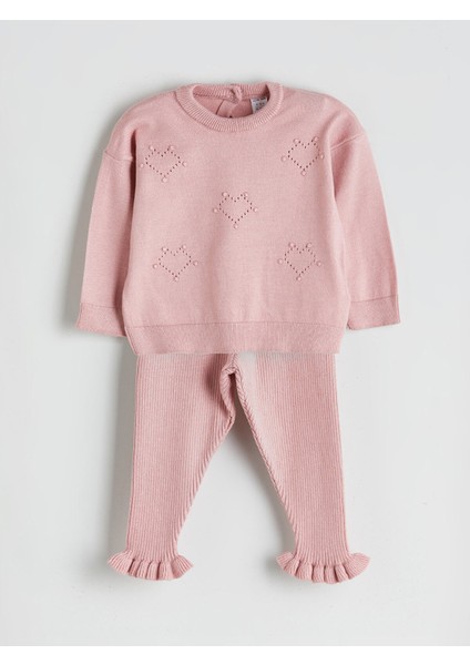 Yeni Sezon Bisiklet Yaka Kız Bebek Triko Kazak ve Tayt 2'li Takım
