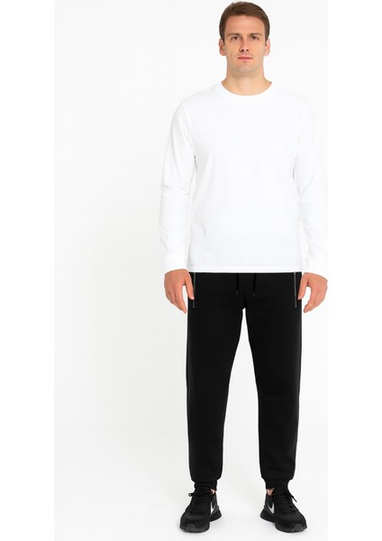 Erkek Rocco Üç Iplik Normal Kesim Cepleri Fermuarlı Lastikli Pamuk Sweat Pantolon Siyah