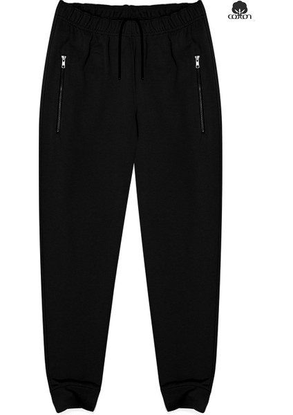 Erkek Rocco Üç Iplik Normal Kesim Cepleri Fermuarlı Lastikli Pamuk Sweat Pantolon Siyah modelleri
