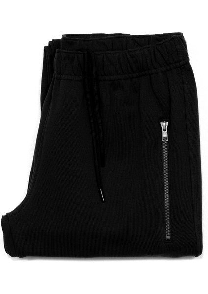 Erkek Rocco Üç Iplik Normal Kesim Cepleri Fermuarlı Lastikli Pamuk Sweat Pantolon Siyah fırsatları