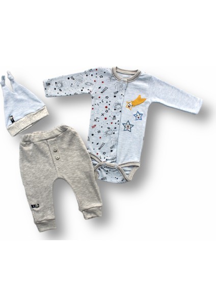 3-6 6-9 9-12 Ay Kuyruklu Yıldız Nakışlı Şapkalı Uzun Kollu Zıbınlı 3lü Kız-Erkek Bebek Takımı
