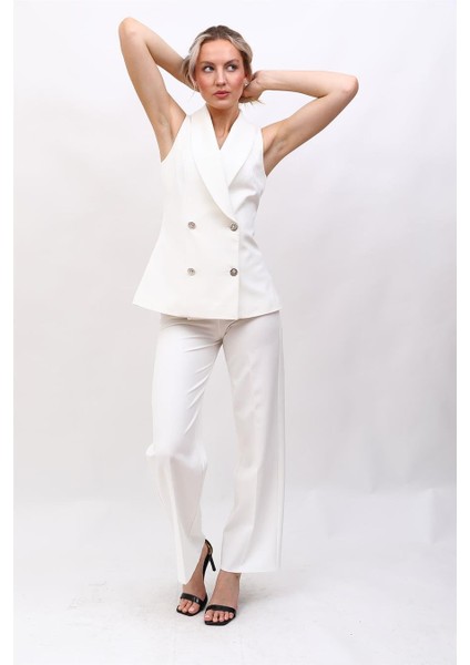 Abiye Yelek & Bol Paça Pantolon Takım-Beyaz