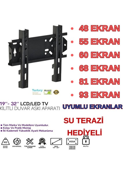 Axen Monitör Televizyon Uyumlu Kilitli Askı Aparatı Sabit 19"/22"/27"/32"/37-48-55-60-68-82-93CM