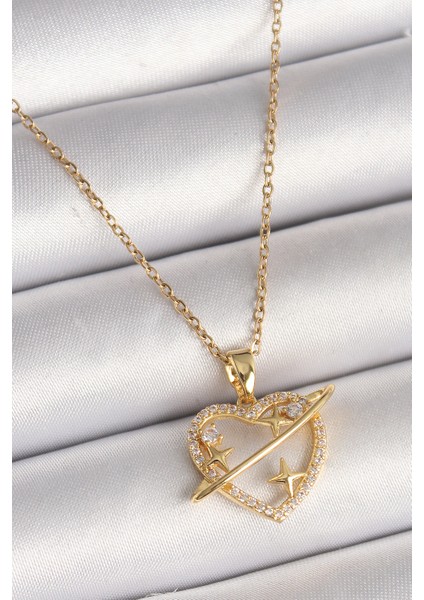 316L Çelik Gold Renk Zincir Zirkon Taşlı Kalp Model Yıldız Detay Kadın Kolye