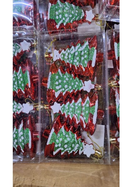 Pvc Kutuda 4’lü Çam Ağacı Süsü 10 cm | Kırmızı Yeşil Parlak Glitter | Yılbaşı Ağaç Süsü Dekor fırsatları