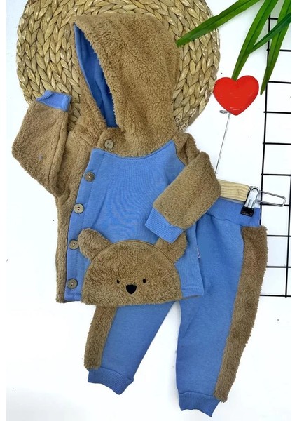 6-12-18-24 Ay Düğme Kapamalı Kapşonlu Ceket Welsoft Detaylı 2li Erkek Bebek Takımı Mavi