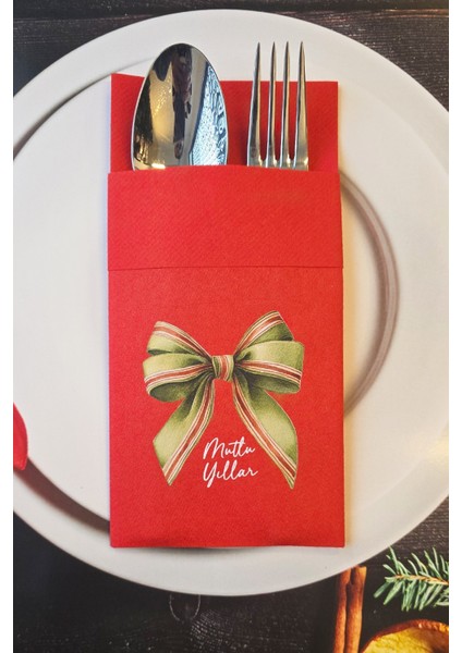 Kumaş Dokulu Kırmızı Zarif Yeşil Fiyonk Tasarım Cepli Yılbaşı Peçetesi 6lı Paket