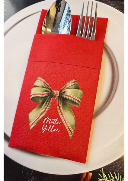 Kumaş Dokulu Kırmızı Zarif Yeşil Fiyonk Tasarım Cepli Yılbaşı Peçetesi 6lı Paket fiyatları