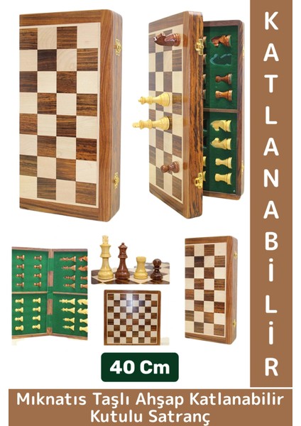 Premium Yüksek Kaliteli Özel Mıknatıs Taşlı Ahşap Katlanabilir Kutulu Satranç Takımı 40 cm