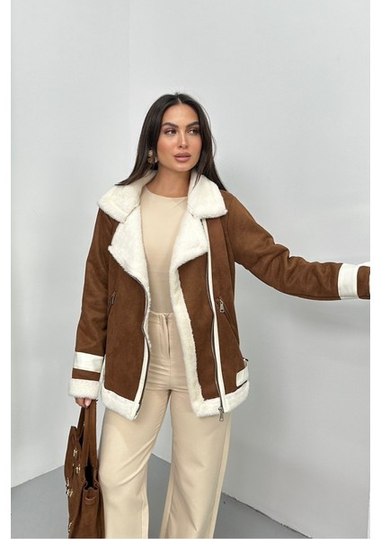 Kadın Süet Mont Oversize Içi Kürklü Fermuarlı Cepli Kol Detaylı Ceket Yaka Kışlık Kaban