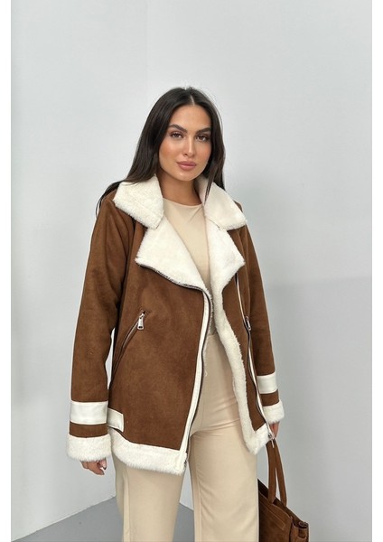 Kadın Süet Mont Oversize Içi Kürklü Fermuarlı Cepli Kol Detaylı Ceket Yaka Kışlık Kaban fiyatları