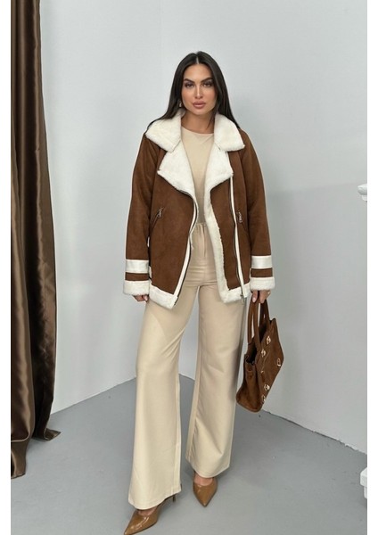 Kadın Süet Mont Oversize Içi Kürklü Fermuarlı Cepli Kol Detaylı Ceket Yaka Kışlık Kaban fırsatları