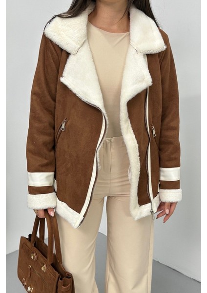 Kadın Süet Mont Oversize Içi Kürklü Fermuarlı Cepli Kol Detaylı Ceket Yaka Kışlık Kaban