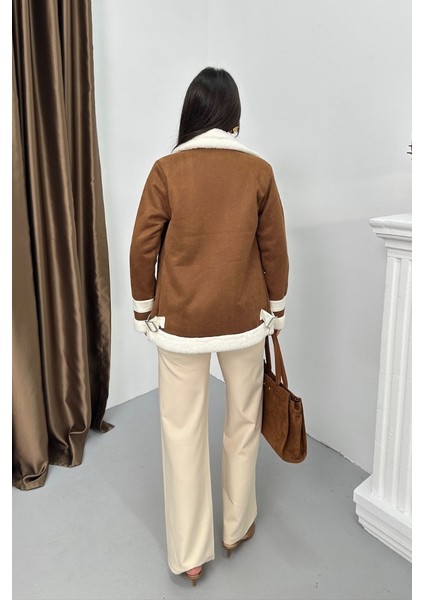 Kadın Süet Mont Oversize Içi Kürklü Fermuarlı Cepli Kol Detaylı Ceket Yaka Kışlık Kaban