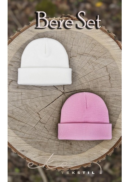 Unisex Katlamalı Pembe,beyaz 2'li Bere Seti Ekebereseti2liyeni
