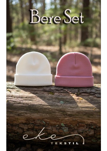 Unisex Katlamalı Pembe,beyaz 2'li Bere Seti Ekebereseti2liyeni fiyatları