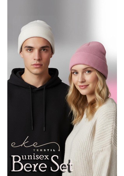Unisex Katlamalı Pembe,beyaz 2'li Bere Seti Ekebereseti2liyeni modelleri