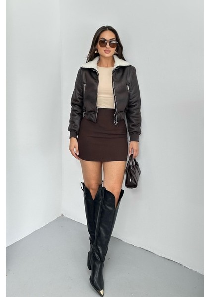 Kadın Ceket Kısa Süet Içi Kürklü Fermuarlı Çift Cepli Ribanalı Kısa Mont fiyatları