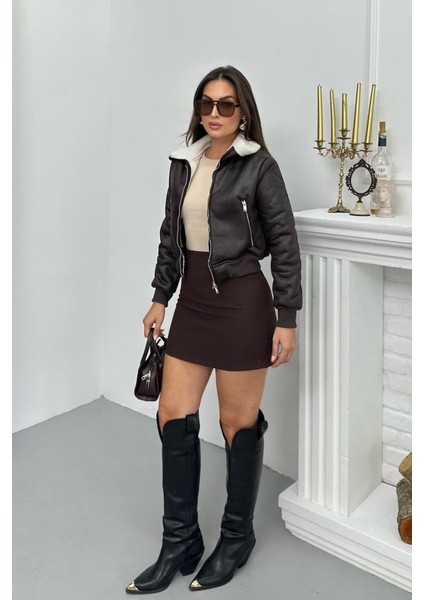 Kadın Ceket Kısa Süet Içi Kürklü Fermuarlı Çift Cepli Ribanalı Kısa Mont modelleri