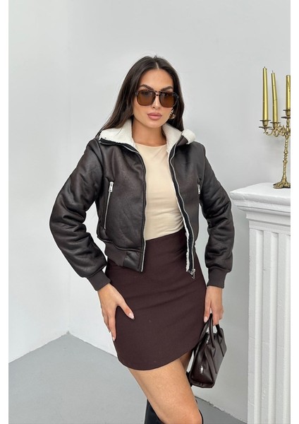 Kadın Ceket Kısa Süet Içi Kürklü Fermuarlı Çift Cepli Ribanalı Kısa Mont fırsatları