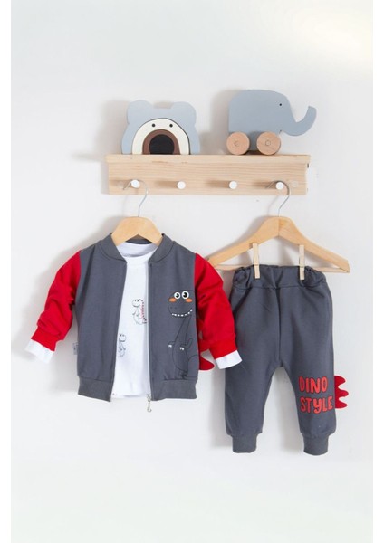 Dino Desenli Erkek Bebek 3 lü takım - Kırmızı