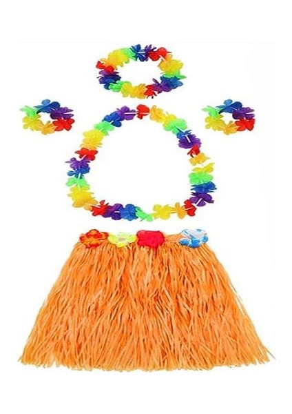 Yetişkin ve Çocuk Uyumlu Luau Ha Hawaii Tcu Etek ve Renkli Kolye Taç 2 Adet Bileklik Seti