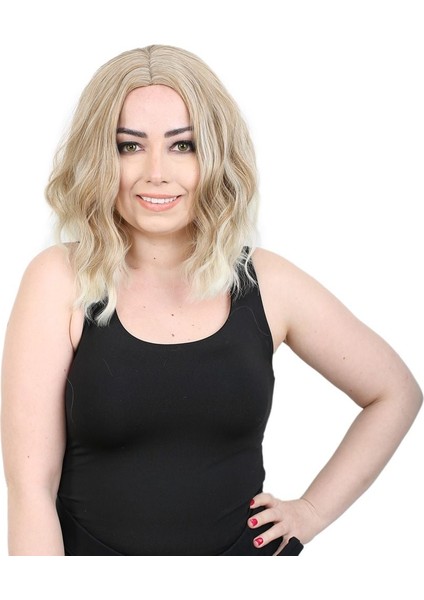 Fiber Sentetik Kısa Dalgalı Perçemsiz Peruk / Karamel / Platin Röfleli