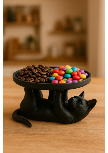 Siyah Kedi Figürlü Sunumluk Banyo Sabunluk , Kahvaltı Tabağı , Takı Organizeri , Mumluk 14 x 14 cm