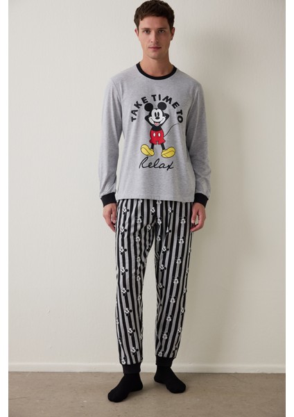Gri Melanj Erkek Mickey Mouse Uzun Kollu Pijama Takımı