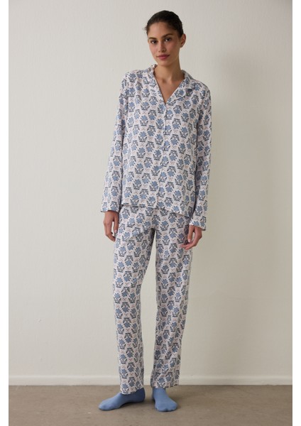 Açık Mavi Blue Flowers Uzun Kollu Gömlek Pijama Takımı