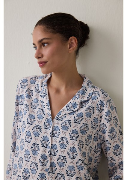 Açık Mavi Blue Flowers Uzun Kollu Gömlek Pijama Takımı modelleri
