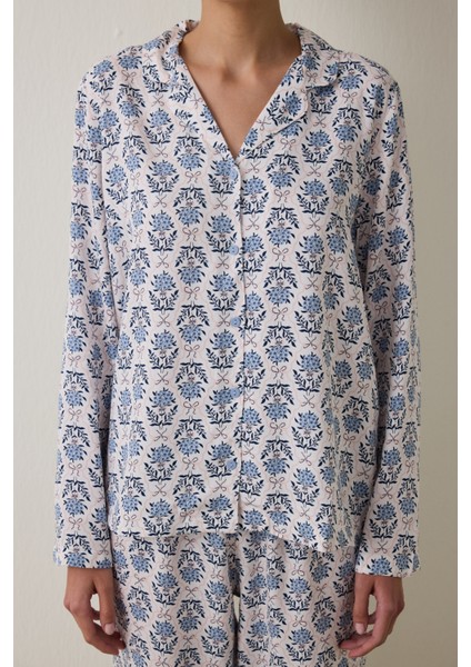 Açık Mavi Blue Flowers Uzun Kollu Gömlek Pijama Takımı fırsatları